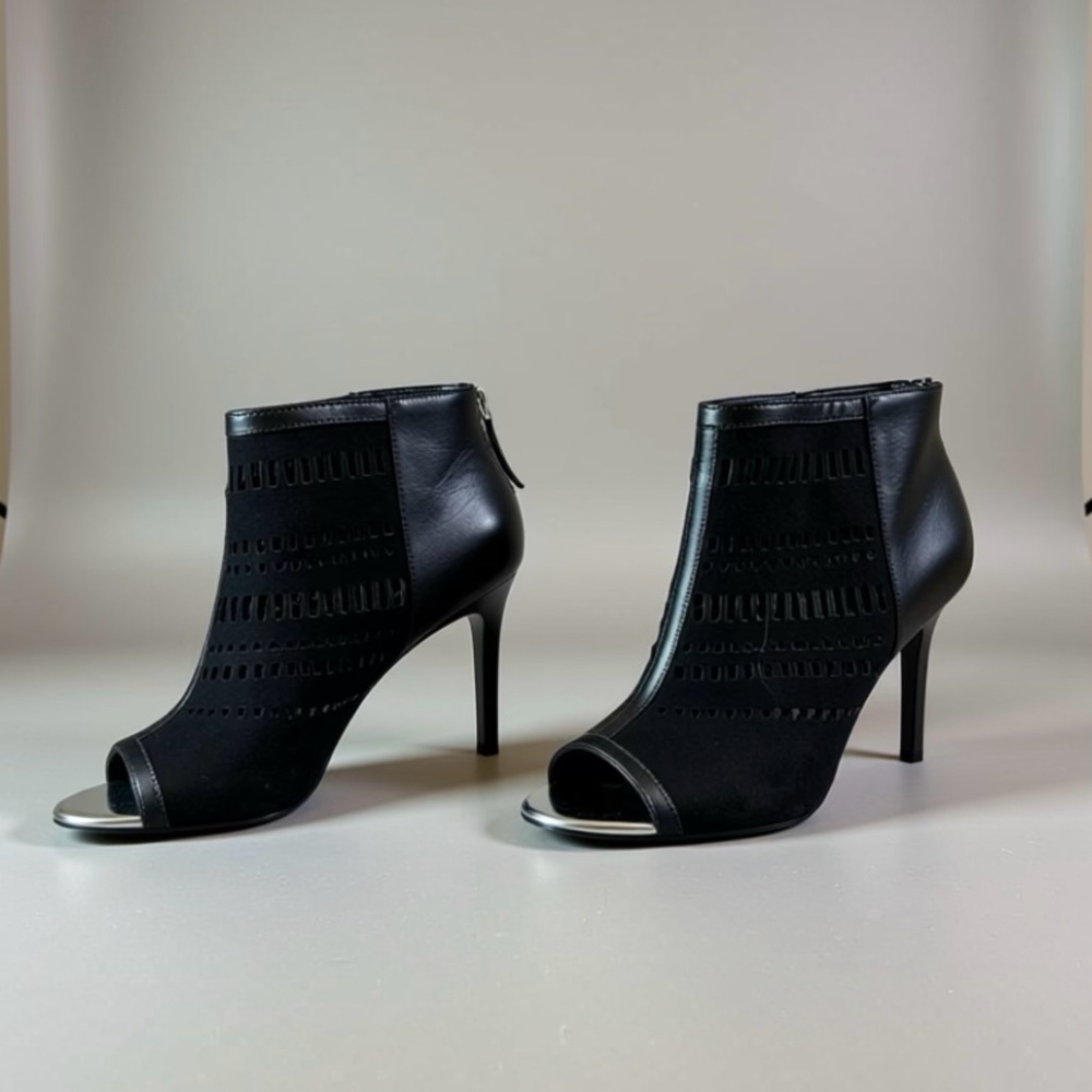 Charles Davis Black Leather Cut Out Peep-Toe Ankle Boots